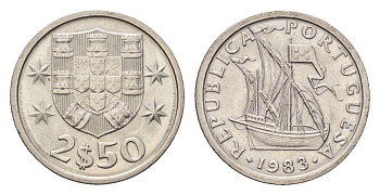 Португалия 2,5 эскудо 1983 парусник KM 590 медно-никель UNC 4708-362