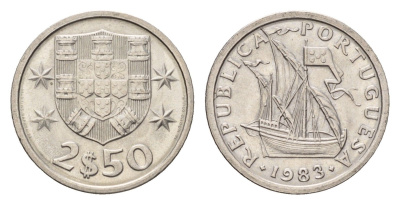 Португалия 2,5 эскудо 1983 парусник KM 590 медно-никель UNC 4708-362