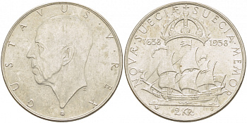 Швеция 2 кроны 1938 G, Густав V (1907-1950), 300 лет шведским поселениям в Делавере KM 807 серебро 1515-1025