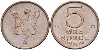 Норвегия 5 эре 1974 Улаф V (1958-1991) KM 415 бронза UNC 4582-541