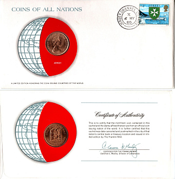 Джерси 2 новых пенса 1980 конверт с маркой первого дня гашения, Coins of Nations KM 31 бронза UNC 4294-2-2