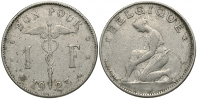 Бельгия 1 франк 1923 Belgique, Альберт I (1909-1934) KM 89 никель 51-1937