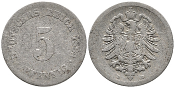 ГЕРМАНИЯ 5 ПФЕННИГОВ 1889 D, СТАРОГЕРБОВКА KM 3, J. 3 медно-никель 39-425