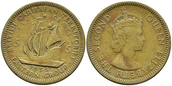 Британские Восточно-Карибские территории 5 центов 1955 Елизавета II (1952-2022), парусник KM 4 никель латунь 89-717