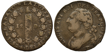 ФРАНЦИЯ 12 ДЕНЬЕ 1792 Т, МОНДВОР НАНТ, ЛЮДОВИК XVI (1774-1793) KM 600.15 (С 88.14) бронза 633-1842