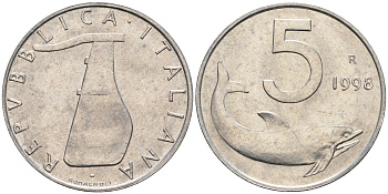 Италия 5 лир 1998 R, дельфин KM 92 алюминий  UNC  4594-668