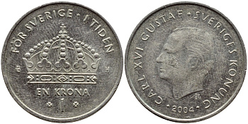 Швеция 1 крона 2004 Карл XVI Густав (1973- ) KM 894 медно-никель 177-234