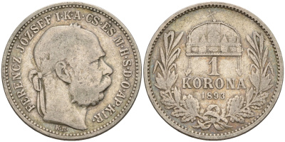 Венгрия 1 корона 1893 Франц Иосиф I (1848-1916) KM 484 серебро 4606-652