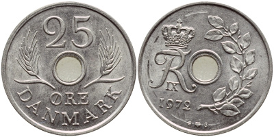 ДАНИЯ 25 ЭРЕ 1972 S; S, ФРЕДЕРИК IX (1947-1972) KM 855.2 медно-никель UNC 4398-1013