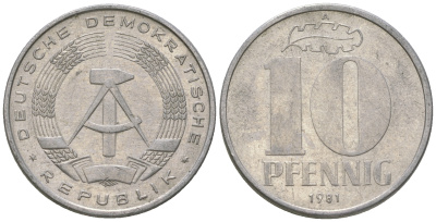 ГДР 10 пфеннигов 1981 A KM 10 алюминий 3459-636