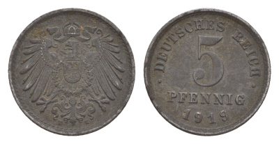 Германия 5 пфеннигов 1919 E KM 19, J. 297 железо плакированная цинком 4659-126