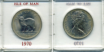 Остров Мэн 1 крона 1970 кошка Мэна, в оригинальной пластиковой коробке KM 18 медно-никель UNC 6-6-1-55