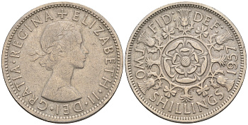 Великобритания 2 шиллинга (флорин) 1957 Елизавета II (1952-2022) KM 906, Spink 4146 медно-никель 109-642