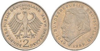 ФРГ 2 марки 1990 F, Франц Йозеф Штраус, 40 лет Федеративной Республике KM 175 медно-никель 4572-1024