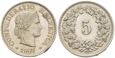 ШВЕЙЦАРИЯ 5 РАППЕНОВ 1907 В KM 26 медно-никель 3955-1125