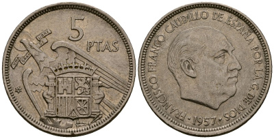 Испания 5 песет 1957 Франсиско Франко (1939-1975) KM 786 медно-никель 4176-445