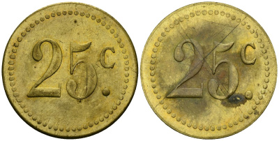 Франция 25†сантимов XIX-XX век ресторанный жетон латунь 4166-1115