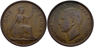 Великобритания 1 пенни 1936 Георг V (1910-1936) KM 838, Spink 4055 бронза 4178-1016