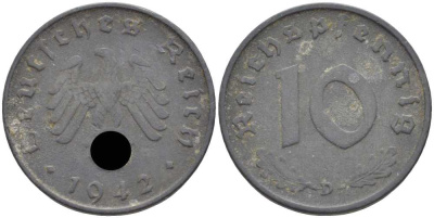 ГЕРМАНИЯ 10 РЕЙХСПФЕННИГОВ 1942 D KM 101, J. 371 цинк 4401-641