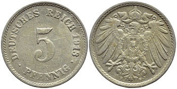 ГЕРМАНИЯ 5 ПФЕННИГОВ 1913 F, KM 11, J. 12 медно-никель 4396-263