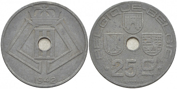 БЕЛЬГИЯ 25 САНТИМОВ 1942 BELGIQUE-BELGIE, ГЕРМАНСКАЯ ОККУПАЦИЯ, ВТОРАЯ МИРОВАЯ ВОЙНА KM 131 цинк 87-1547