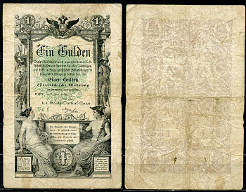 Австрия 1 гульден 1866 аллегорическая женщина, Меркурий Pick A150  бумага   451-674-2