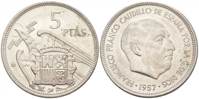 Испания 5 песет 1957 (71) Франсиско Франко (1939-1975) KM 786 медно-никель UNC 68-154