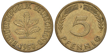 ФРГ 5 пфеннигов 1950 J KM 107, J.382 сталь плакированная латунью 4174-521