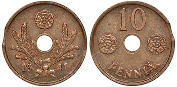 Финляндия 10 пенни 1941 брак заготовки, выкус KM 33.1 медь 51-3514