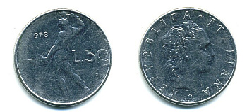 ИТАЛИЯ 50 ЛИР 1978 R, БОГ ОГНЯ ВУЛКАН У НАКОВАЛЬНИ KM 95.1 нержавеющая сталь 59-623