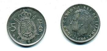 ИСПАНИЯ 5 ПЕСЕТ 1984 ХУАН КАРЛОС I (1975-) KM 823 медно-никель 51-4536