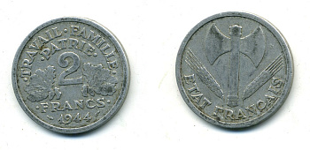ФРАНЦИЯ 2 ФРАНКА 1944 ПРАВИТЕЛЬСТВО ВИШИ KM 904.1 алюминий 84-144