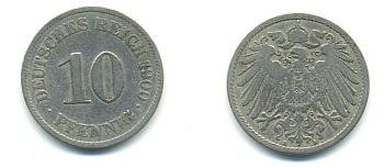 Германия 10 пфеннигов 1900 A KM 12, J. 13 медно-никель 4379-832