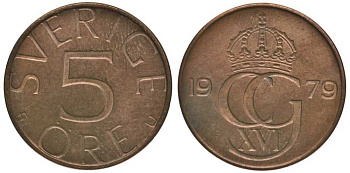 Швеция 5 эре 1979 U, Карл XVI Густав (1973- ) KM 849 бронза 112-913