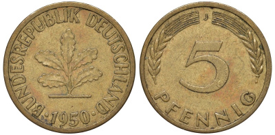 ФРГ 5 пфеннигов 1950 J KM 107, J.382 сталь плакированная латунью 4174-521