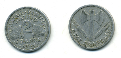 ФРАНЦИЯ 2 ФРАНКА 1944 ПРАВИТЕЛЬСТВО ВИШИ KM 904.1 алюминий 84-144