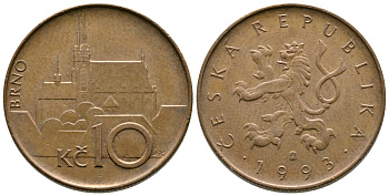 ЧЕХИЯ 10 КРОН 1993 КАФЕДРАЛЬНЫЙ СОБОР ГОРОДВ БРНО KM 4 сталь плакированная медью 4364-4446