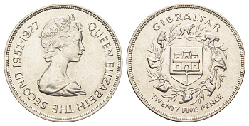 Гибралтар 25 новых пенсов 1977 25 лет правлению Королевы Елизаветы II KM 10 медно-никель UNC 11-176-45