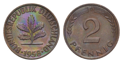 ФРГ 2 пфеннига 1958 D KM 106, J. 381 бронза 4682-1053