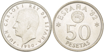 Испания 50 песет 1980 (80) чемпионат мира по футболу в Испании 1982 года, Хуан Карлос I ( 1975-) KM 8 19 медно-никель UNC 4185-826