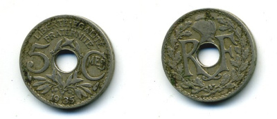 ФРАНЦИЯ 5 САНТИМОВ 1935 ТИП ЛИНДАЙЁ KM 875 медно-никель 84-315