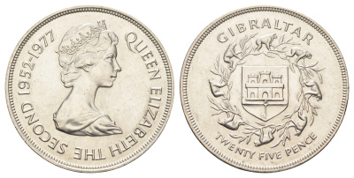 Гибралтар 25 новых пенсов 1977 25 лет правлению Королевы Елизаветы II KM 10 медно-никель UNC 11-176-45
