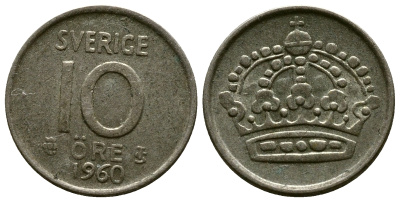 Швеция 10 эре 1960 T;S, Густав VI Адольф (1950-1973) KM 823 серебро 3334-233