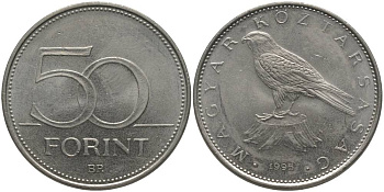 ВЕНГРИЯ 50 ФОРИНТОВ 1995 ПТИЧКА KM 697 латунь плакированная медно-никелем UNC 181-752