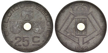 БЕЛЬГИЯ 25 САНТИМОВ 1942 BELGIQUE-BELGIE, ГЕРМАНСКАЯ ОККУПАЦИЯ, ВТОРАЯ МИРОВАЯ ВОЙНА KM 131 цинк 27-943