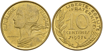 Франция 10 сантимов 1967 тип Marianne KM 929, Le Franc 144.7 медь алюминий никель 4115-541
