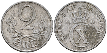 Дания 2 эре 1941 N; S, Кристиан X (1912-1947) KM 833 алюминий 4189-736