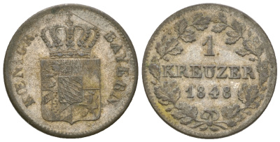 Бавария 1 крейцер 1848 Людвиг I (1825-1848) KM 422, AKS 88 серебро 4668-1219