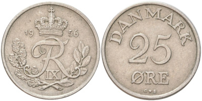Дания 25 эре 1956 N; S, Фредерик IX (1947-1972) KM 842.2 медно-никель 4159-611