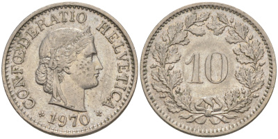 Швейцария 10 раппенов 1970 KM 27 медно-никель 188-737